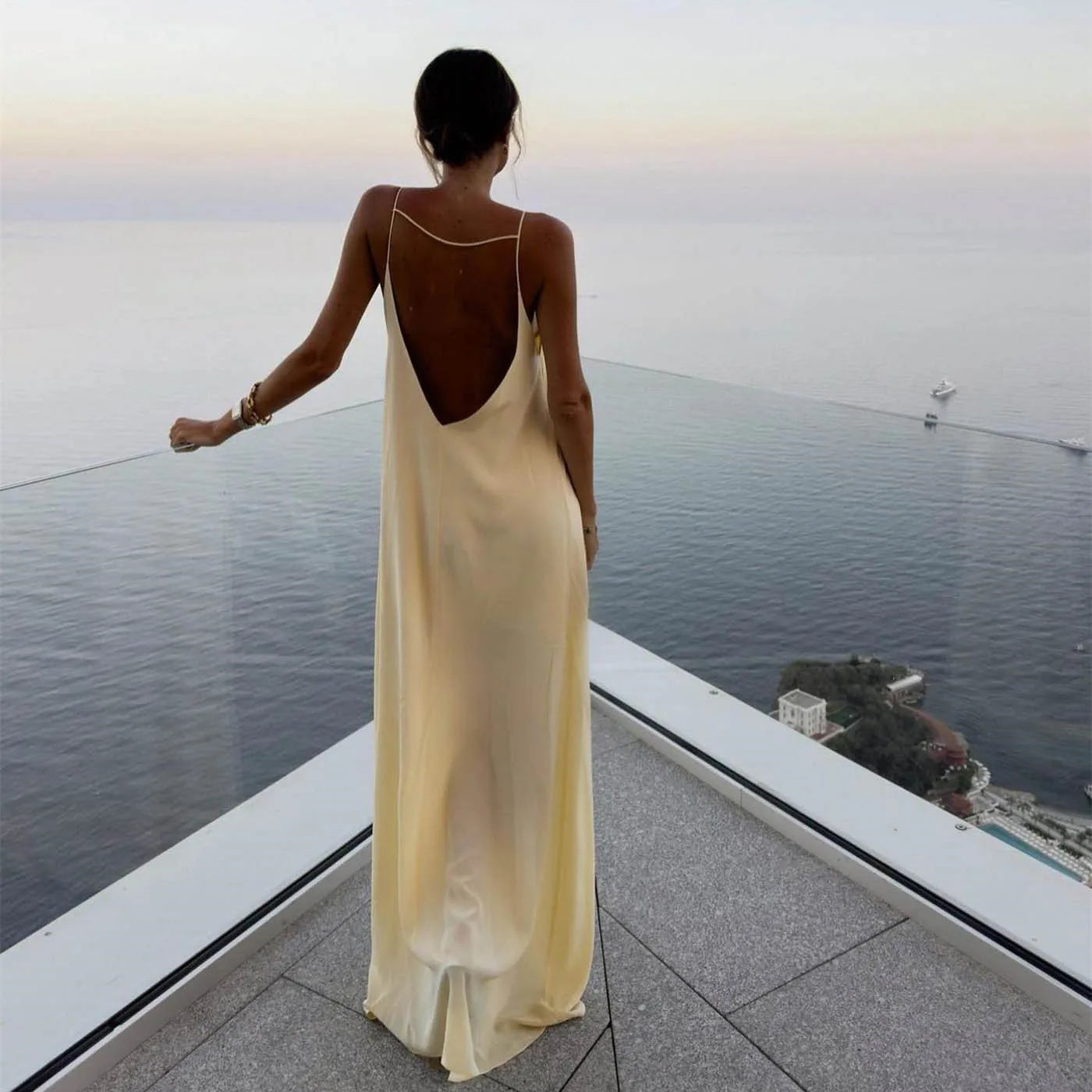 Summer Sexy Open Back Sleeveless Slip Maxi Dress Cut Out Club Party Dresses Holiday Elegant Outfits Satin Vestido Summer Dress