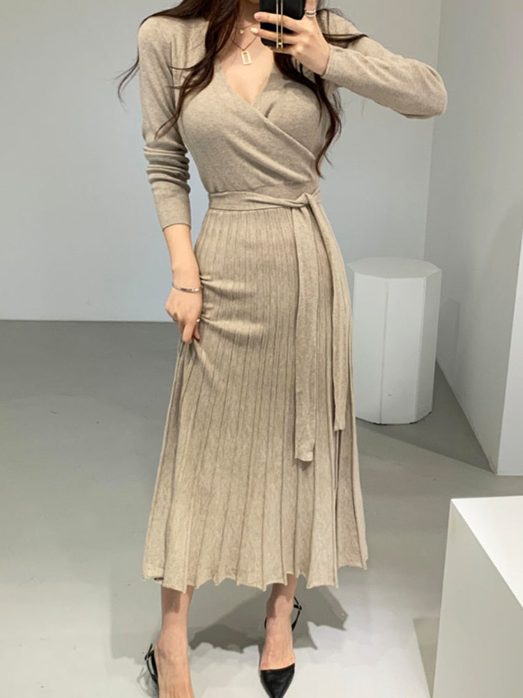 Stretchy Women Knitted Bodycon Pencil Dress New Autumn Winter Solid Vestidos Long Sleeve V Neck Slim Lady Chic Korean Dress