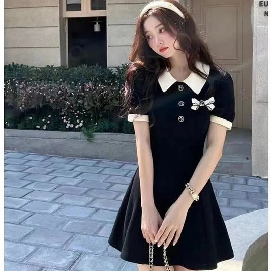 Sweet Dress Women Preppy Style Bow Turn Down Collar Mini Dress Student Korean High Waist Short Sleeve A Line Sundress Y2K