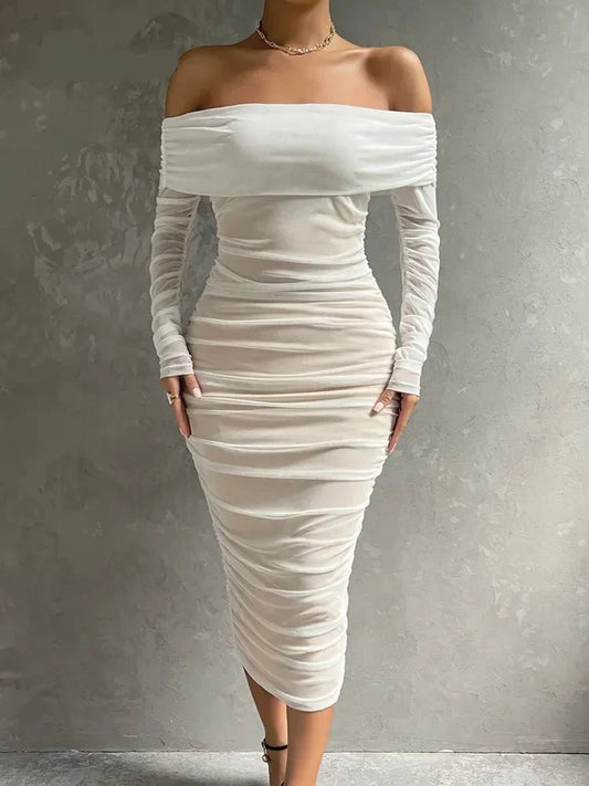 Solid Mesh White Midi Dresses Women Clothing Off Shoulder Long Sleeves Autumn Dress Backless Ruched Sexy Party Vestido