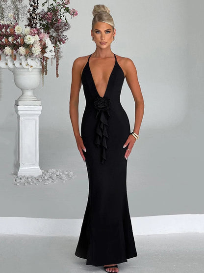 3D Flower Deep V Neck Sexy Maxi Dress For Women Fashion Spaghetti Strap Sleeveless Backless Club Party Sexy Dress