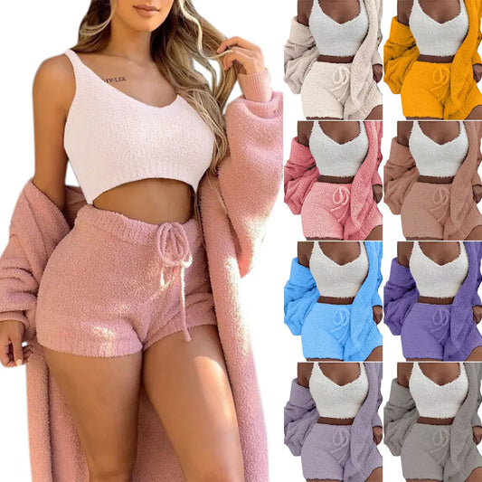 Women's Comfortable Knit Pajama Set Crop-top with V-neck Winter Plush Loungewear Casual 3-Piece Set Long Sleeve Shorts Sports