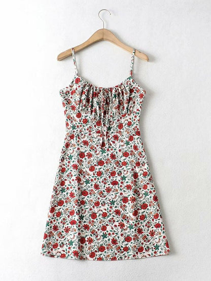 Summer Brown Floral Print Backless Sling Dress Summer Woman Adjust Spaghetti Strap Short Dresses Beach Holiday Vestidos