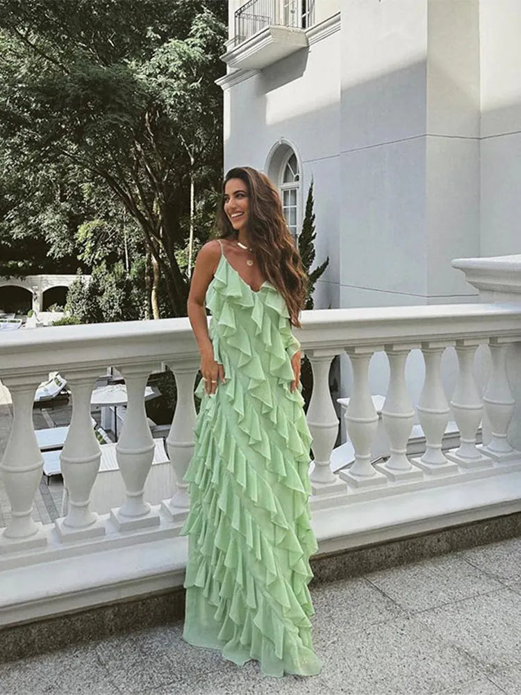 YESMYTOOL  -  Fashion Green Women Sling Maxi Dress Elegant V-neck Sleeveless Slim Dresses 2024 Summer Female Chic Beach Vacation Robes