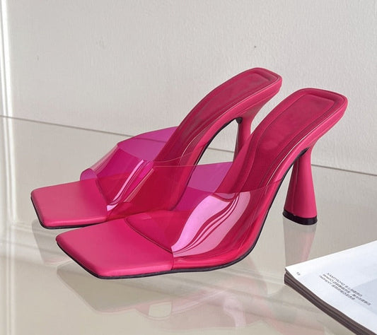 Summer New Fashion Design PVC Transparent Women Slipper Fashion Square Toe High Heel Ladies Dress Party Mules Slides