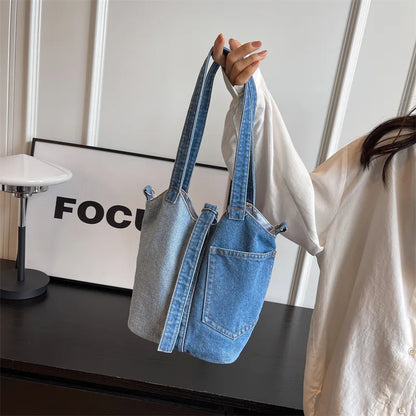 Washed Denim Fabric Shoulder Bucket Bags For Women Designer Handbags Colorblock Patchwork Crossbody Bag Large Capacity Tote