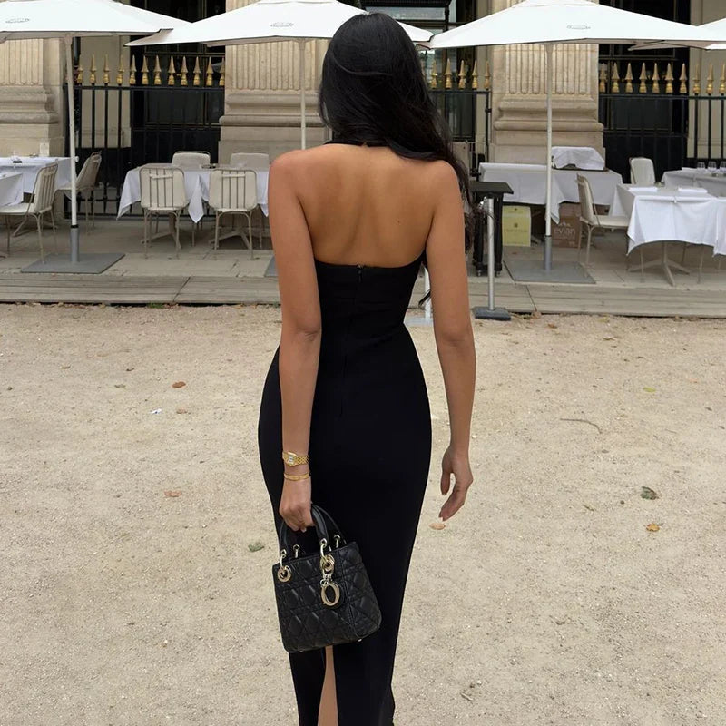 One-Shoulder Bodycon Black Evening Dress For Women Sexy Backless Sleeveless Neck-Mounted Long Party Dress Female Elegant