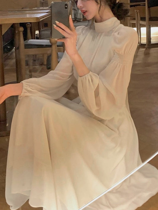 Spring Turtleneck White Midi Dress Women  Long Sleeve French Elegant One Piece Dress Korean Fashion Y2k Clothing Design