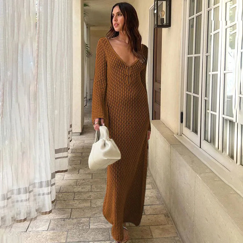 YESMYTOOL  -  Knitted Hollow Beach Cover-Ups 2024 Summer Women Sexy Soild Color Long Sleeve Sunscreen Long Dress Party Vocation Swimwear