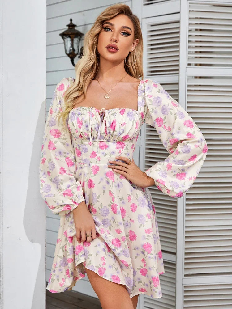 YESMYTOOL  -  Floral Dress Women Lantern Long Sleeve Ruched Print A Line Square Neck Tie up Mini Vestidos Sexy Chic Summer Beach Dress