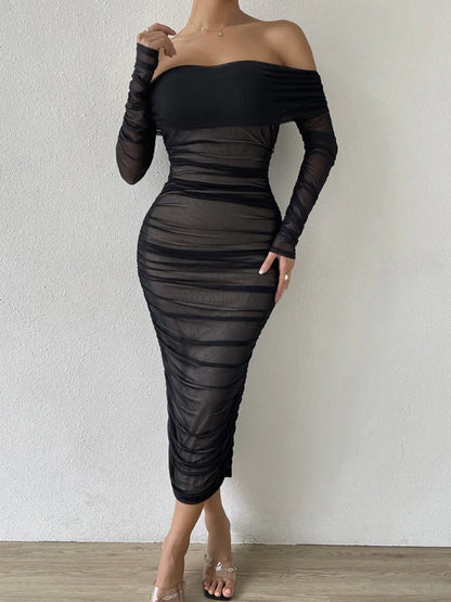 Shoulder Mesh Party Dress Women Clothing Sexy Club Backless Ruched Bodycon Dresses Long Sleeves Autumn Vestidos