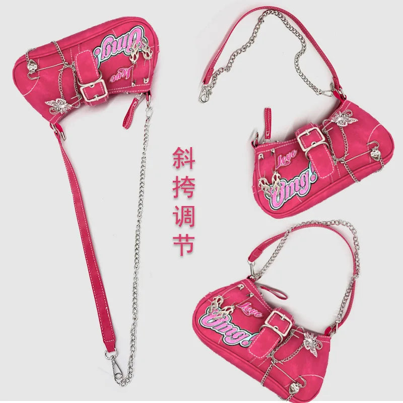 Y2K Sweet Cool Girls Underarm Bag Fashion Women's Pink Shoulder Crossbody Bags Retro Chain Female Clutch Tote Purse Handbags