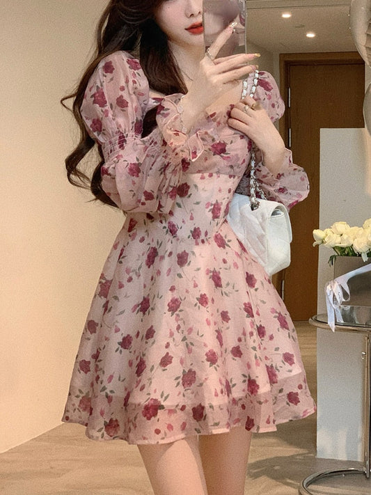 Summer Sweet Elegant Short Party Dress Korean Fashion Floral Mini Dress Beach Long Sleeve Casual Vintage Dress Woman Chic