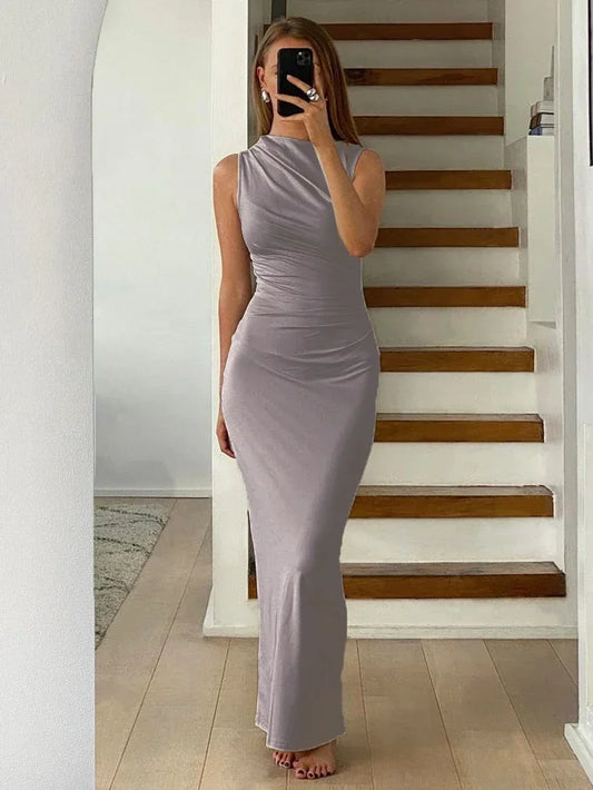 Pleated Long sleeved Slim Maxi Dress Women Solid Fashion Elegant Party Dress Gown Off-Shoulder High Waist Bodycon Dress