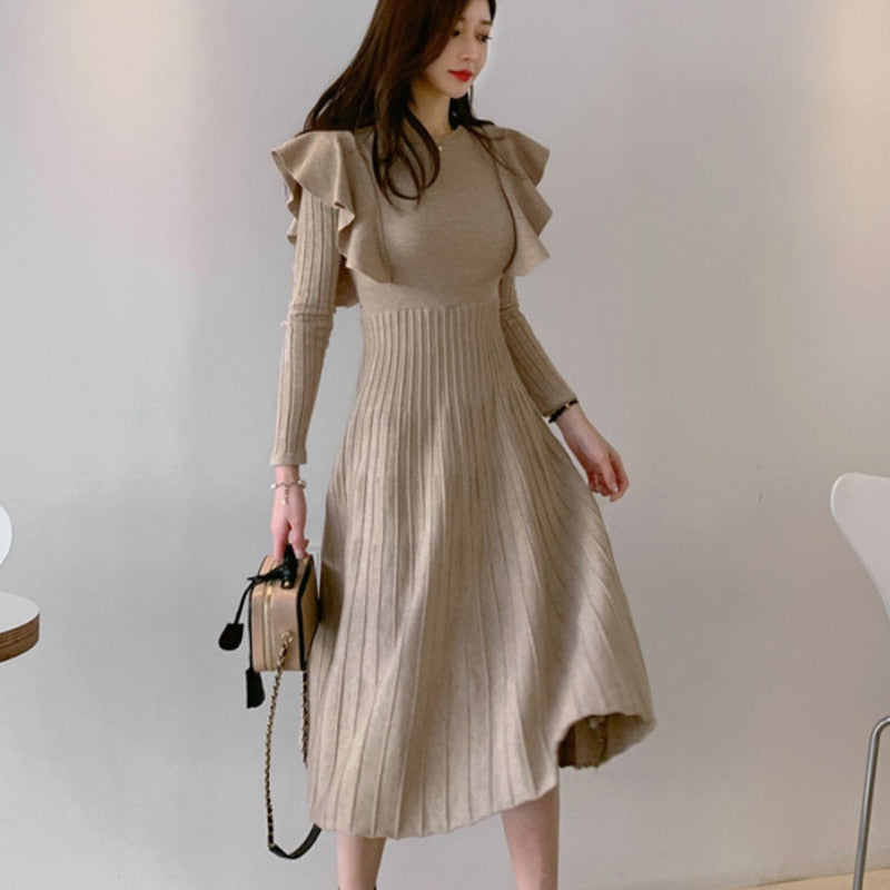 Vintage Elegant O-Neck Female Thicken Knit Long Dress Slim Full Sleeve Ruffles Women Sweater Dresses Vestidos Autumn Winter