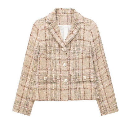 Summer Women Casual Short Blazers Coats Plaid Veins Single Breasted Female Fashion Street Pocket Blazer Outerwear