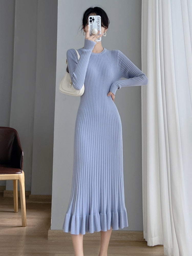 Thick Mermaid O-Neck Long Sweater Maxi Dress for Women Elegant Casuals Female A-line Slim Sexy Knitting Dress Autumn Winter