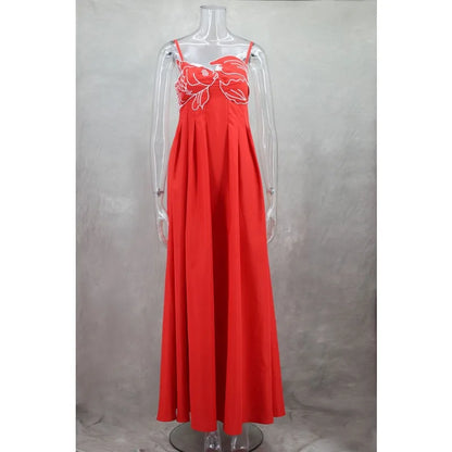 YESMYTOOL  -  Design 3D Embroidered Red Koi Strap Dress 2024 Spring Summer New Pleated High Waist Sleeveless Backless Elegant Long Robes