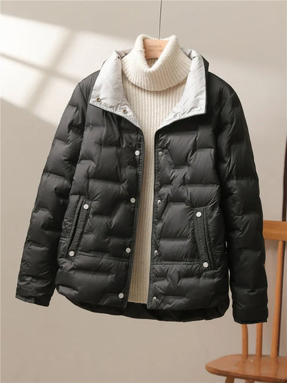 Autumn Winter Women White Duck Down Coat Casual Lapel Single Breasted Jacket Fashion Light Puffer Parka Outwear