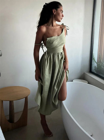 Lace-Up Backless Elegant Long Dress Female High Waist Solid Fashion Halter Dresses Holiday Beach Slim Bandage Maxi Dress