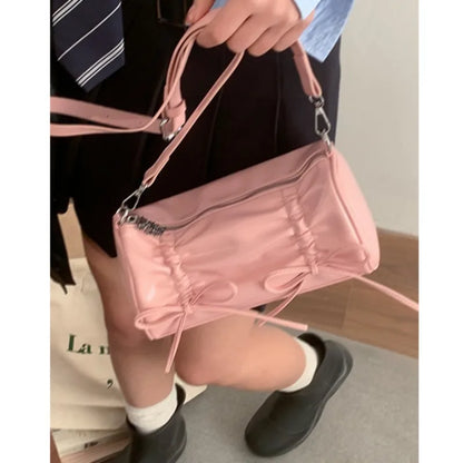 Pleated Pink Women Shoulder Bag Bow Pillow Leather Sweet Elegant Fashion Handbag Gentle Casual Exquisite Ladies Armpit Bag