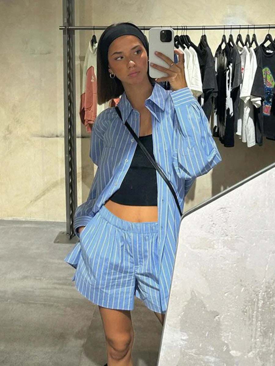 dingdamall  -  Blue Pocket Striped Shorts Sets Women Single Breasted Long Sleeve Blouse+Elastic Waist Casual Short Pant 2 Piece Set 2025 Spring