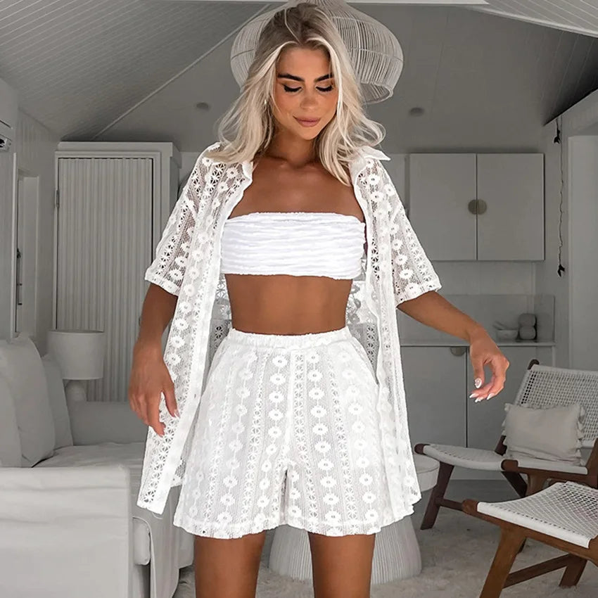 dingdamall  -  Holiday Sexy Women Lace 2-piece Set Summer Women Shorts Sets 2024 New Casual White Lace Hollow Short Sleeve Cardigan+Shorts Set