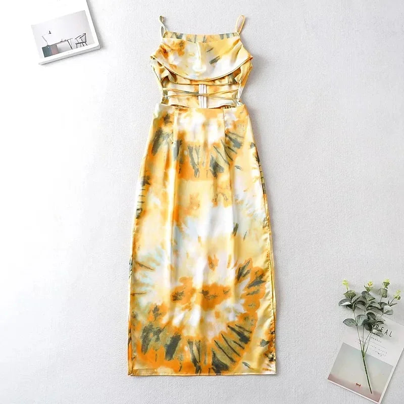 YESMYTOOL  -  Waist Cut Out Criss Cross Sexy Summer Tie-dyed Midi Dress Ladies Elegant Beach Boho Slip Long Dress Sleeveless Sundress