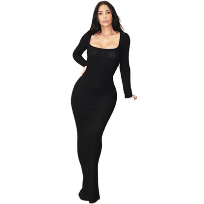 Dresses For Women Long Sleeve Sexy Black Long Dress Y2k Solid Skinny Bodycon Trumpet Maxi Dresses Evening Vestidos