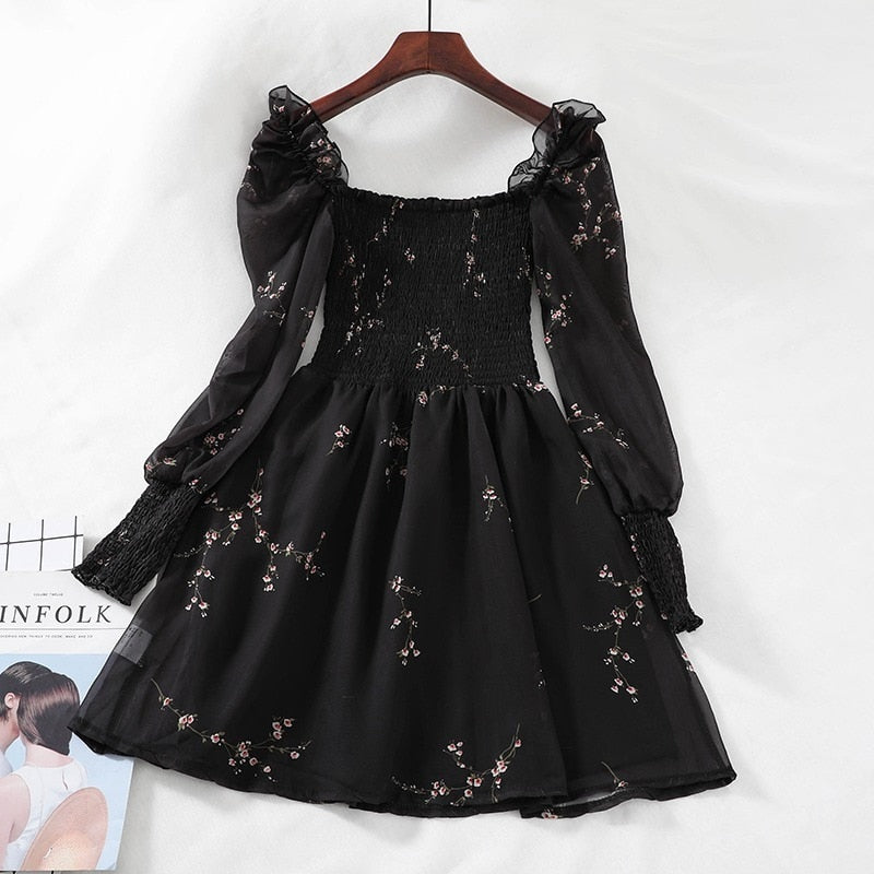 Spring Womens Sexy Black Dress Vintage Flower Long Puff Sleeve Chiffon Dresses Korean Casual Mini Vestidos Mujer Clothes