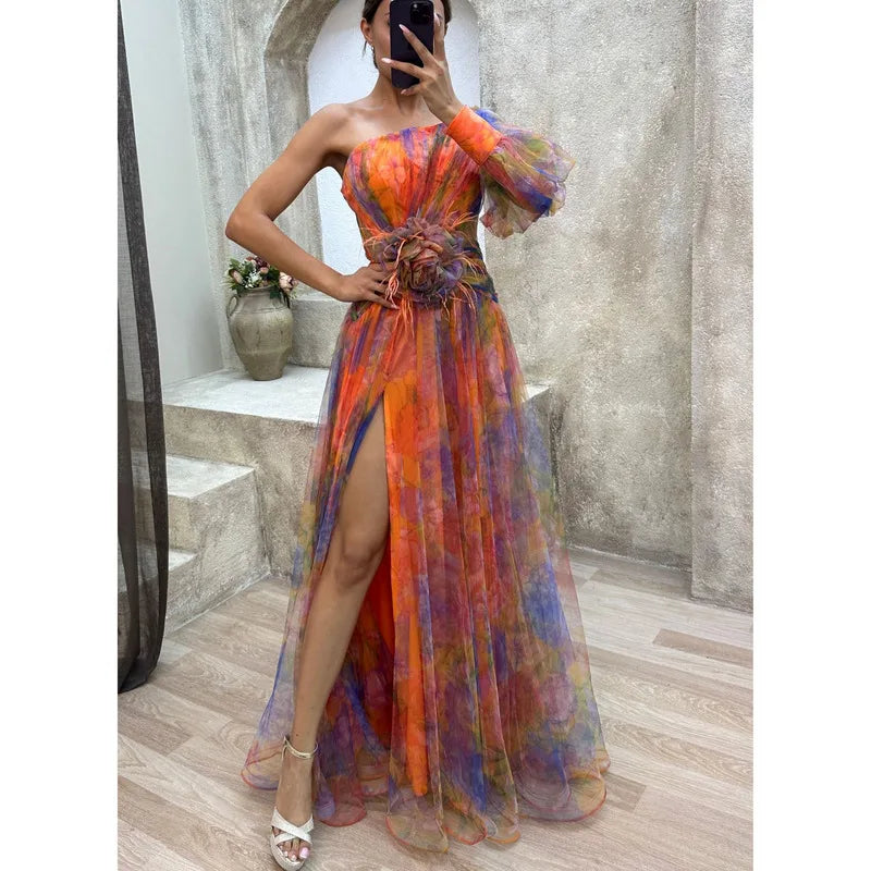 YESMYTOOL  -  Fashionable women's new single shoulder split print dress, sexy temperament, elegant and flowing long skirt