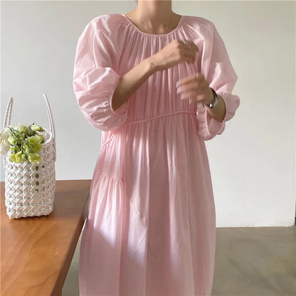 YESMYTOOL  -  Causal Puff Sleeve Cotton Dress Women Round Neck A-line Long Dresses Loose Birthday Party Dress Korean Fashion Beach Sundress