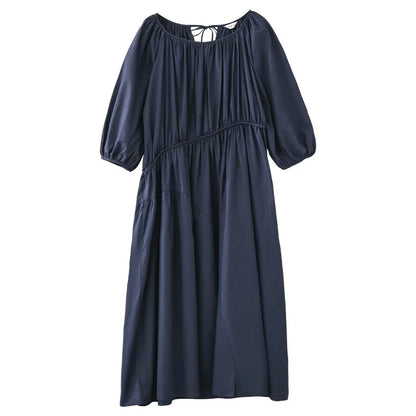 YESMYTOOL  -  Causal Puff Sleeve Cotton Dress Women Round Neck A-line Long Dresses Loose Birthday Party Dress Korean Fashion Beach Sundress