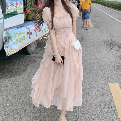 Women's Summer Dress Chiffon Fairy Solid Chic Party Midi Dress  New Korean White Elegant High Waist Slim Long Skirt Y2k