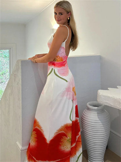 Summer Printed Halter Dresses For Women Fashion Beach Holiday Spaghetti Backless Maxi Dress Female Elegant Party Dress New