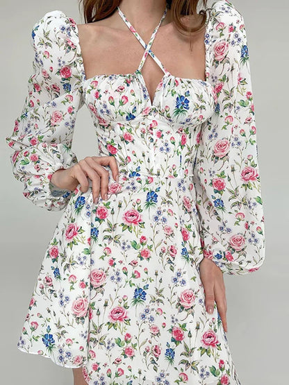 YESMYTOOL  - Floral Dress Women Lantern Long Sleeve Ruched Print A Line Square Neck Tie up Mini Vestidos Sexy Chic Summer Beach Dress