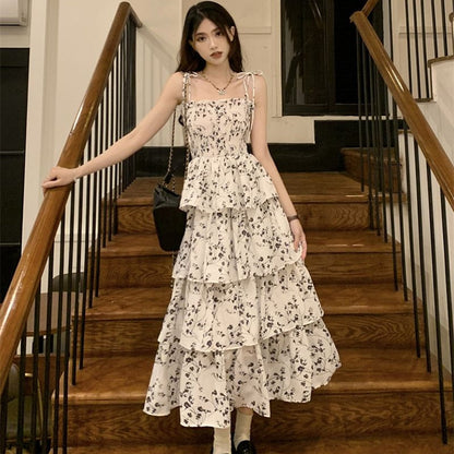 Y2k Korean Style One Piece Black Floral Dress Women Vintage Elegant One Piece High Waist Long Slip Fairy Dresses Summer