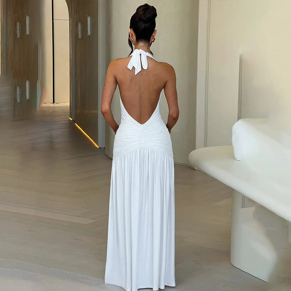 YESMYTOOL  -  Halter Deep V Neck Backless Maxi Dress Elegant Party Robe 2024 Summer Fashion Solid Sleeveless High Split Ruched Sexy Vestidos