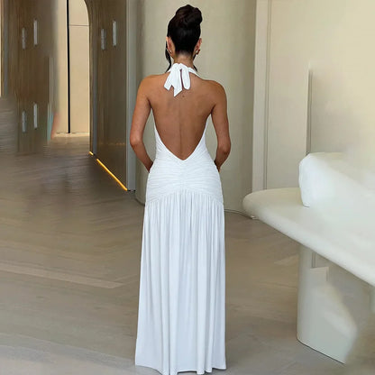 YESMYTOOL  -  Halter Deep V Neck Backless Maxi Dress Elegant Party Robe 2024 Summer Fashion Solid Sleeveless High Split Ruched Sexy Vestidos