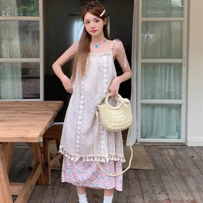 YESMYTOOL  -  Sweet Boho Dress Women Summer Holiday Lace Floral Dresses Casual Vintage Spaghetti Strap Sleeveless Sundress