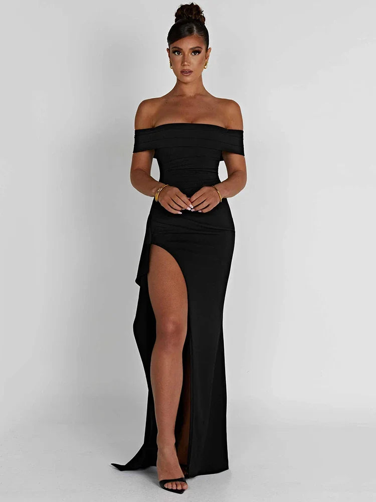 Elegant Off-shoulder High Split Maxi Dress Women Fashion Strapless Sleeveless Backless Bodycon Club Party Sexy Dress