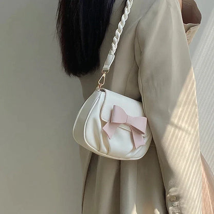 Sweet Bowknot Women Shoulder Bag Braided Strap Ladies Cute Underarm Bags Pleated PU Leather Female Purse Handbags Crossbody Bag