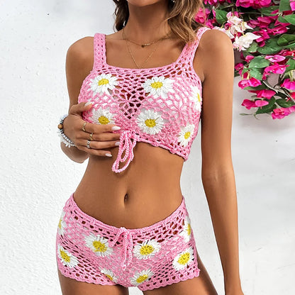 dingdamall  - 2024 New bikini set Woven Daisy swimsuit halter top Shorts set hand-crocheted knitwear