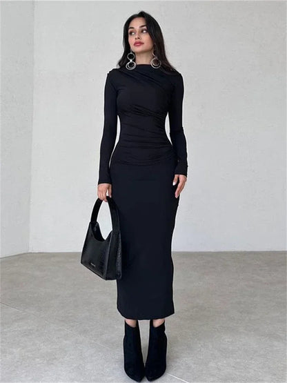 Pleated Long sleeved Slim Maxi Dress Women Solid Fashion Elegant Party Dress Gown Off-Shoulder High Waist Bodycon Dress