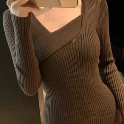 Vintage Knitted Dresses for Women Long Sleeve Sweater Elegant Party Female Office Lady Slim One-Piece Dress Korean Autumn