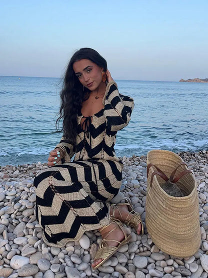 Knitted Striped Color Blocked Lace Up Women's Dress Elegant V-neck Slim Fit Long Sleeve Robes Summer New Female Beach Vestidos