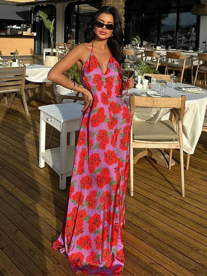 YESMYTOOL  -  Sexy Backless Flower Printed Women Maxi Dress Elegant V-neck Sleeveless Satin Halter Dresses Summer Lady Beach Vacation Robes