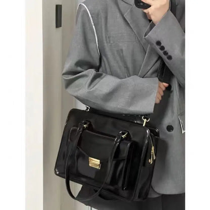 Vintage Black Shoulder Bag Briefcase Women Preppy Style Pu Leather Jk Handbag Ladies Large Capacity Casual Handbags Y2k