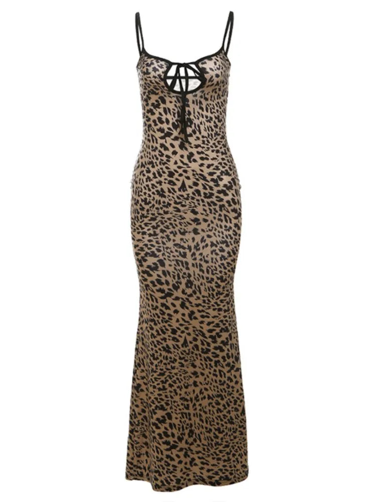 Leopard Print Spaghetti Strap Long Dresses Women Sexy Hollow Out Backless Slim Party Night Club Dress Female Fashion Streetwear