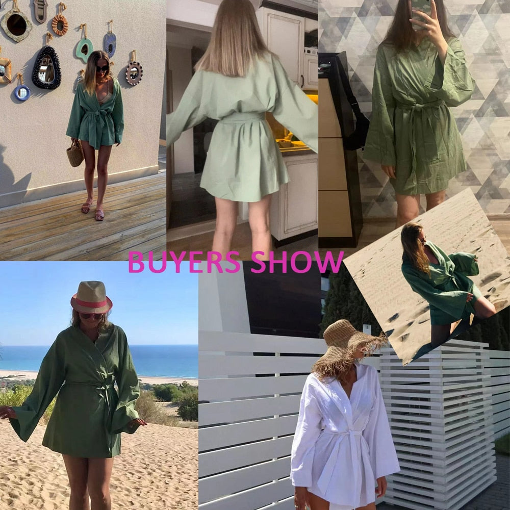 Women's V-Neck Kimono Cardigan Mini Dress Cotton Linen Long Sleeve Sashes Dresses Robe Style Lace Up Summer Loose Vestidos